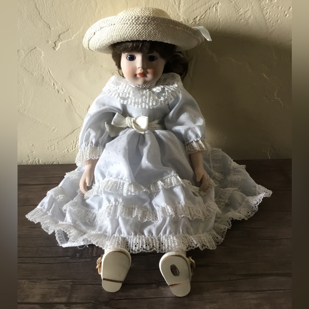 Elegant Gorham Petticoats and Lace Dawn Porcelain Doll with Blue Dress and Hat